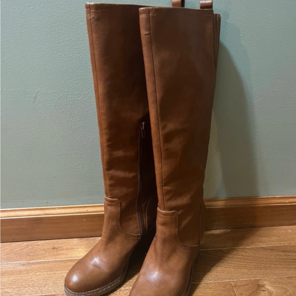 Zodiac Tan Leather Knee-High Wedge Boots